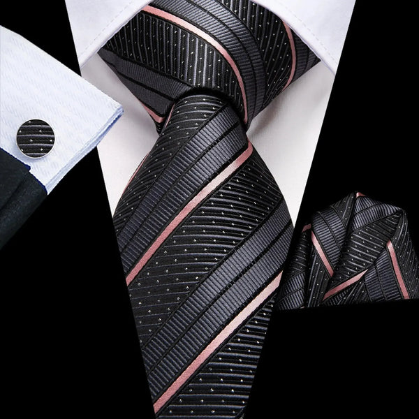 Hi-Tie Striped Black Red Gold Green Silk Wedding Tie For Men Handky Cufflink Gift Men Necktie Fashion Designer Business Party