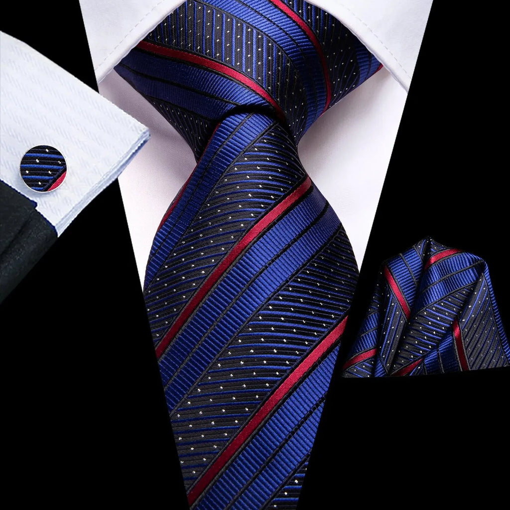 Hi-Tie Striped Black Red Gold Green Silk Wedding Tie For Men Handky Cufflink Gift Men Necktie Fashion Designer Business Party
