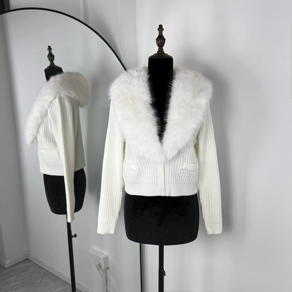 Trendix Black Knit Cardigan For Women Winter Detachable Faux Fur Collar Short Tops Street Slim Party Elegant Outerwear Top Femme