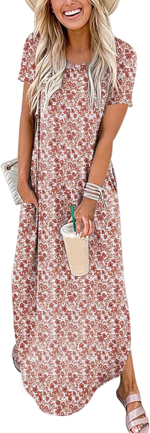 ANRABESS Womens Summer Maxi Dress Short Sleeve Casual Loose Long T Shirt Dresses Split Vacation Beach Sundress Travel Outfits