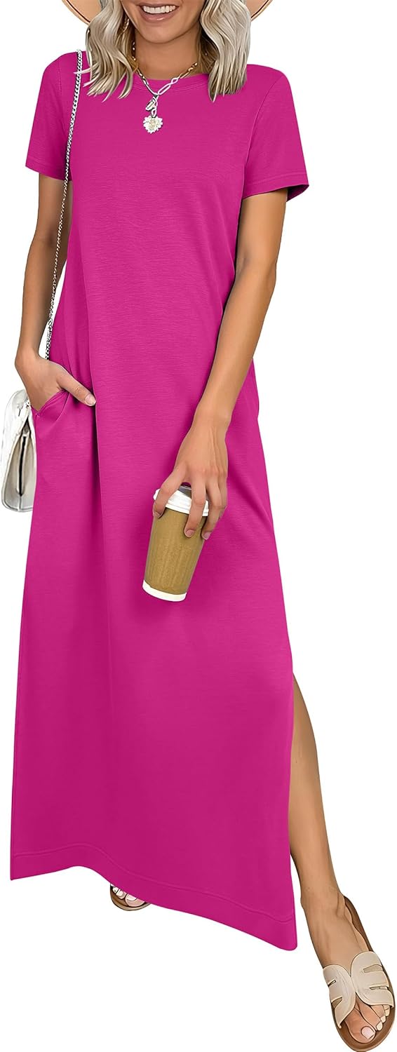 ANRABESS Womens Summer Casual Maxi Dress Short Sleeve Crewneck Split Wrinkle-Free Travel Long Sundress Beach Vacation Clothes