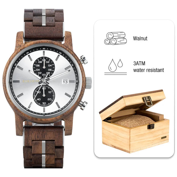 BOBO BIRD New Wooden Men Watch 44mm Luxury Business Quartz Chronograph Watches with Date Display Custom Man Gift montre homme