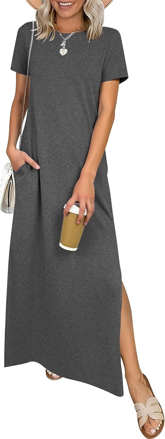 ANRABESS Womens Summer Casual Maxi Dress Short Sleeve Crewneck Split Wrinkle-Free Travel Long Sundress Beach Vacation Clothes