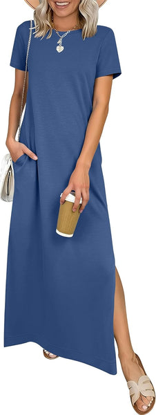 ANRABESS Womens Summer Casual Maxi Dress Short Sleeve Crewneck Split Wrinkle-Free Travel Long Sundress Beach Vacation Clothes