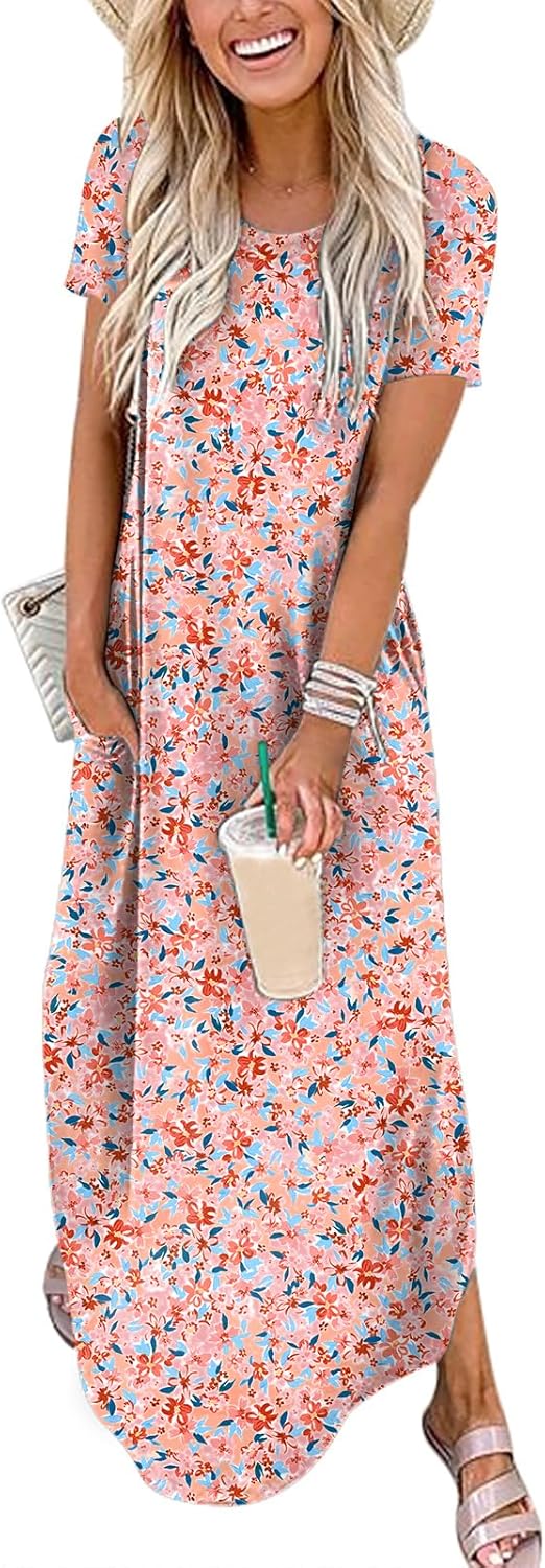 ANRABESS Womens Summer Maxi Dress Short Sleeve Casual Loose Long T Shirt Dresses Split Vacation Beach Sundress Travel Outfits