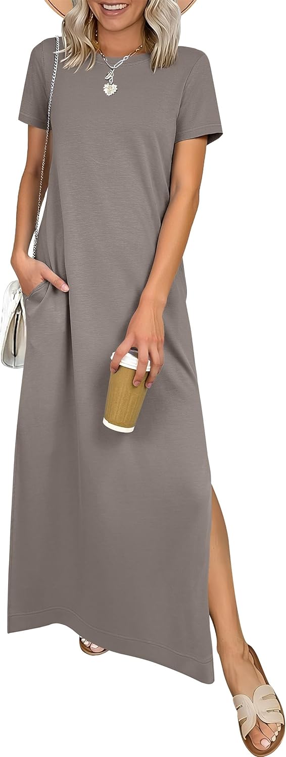 ANRABESS Womens Summer Casual Maxi Dress Short Sleeve Crewneck Split Wrinkle-Free Travel Long Sundress Beach Vacation Clothes