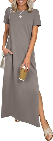 ANRABESS Womens Summer Casual Maxi Dress Short Sleeve Crewneck Split Wrinkle-Free Travel Long Sundress Beach Vacation Clothes