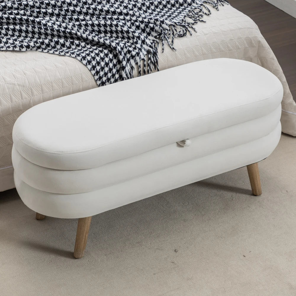 036-Velvet Fabric Storage Bench Bedroom Bench With Wood Legs for Living Room Bedroom Indoor,Light Gray
