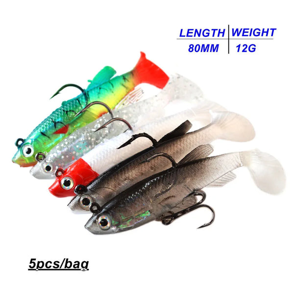 5Pcs/Lot 3D Eyes Lead Fishing Lures With T Tail Soft Fishing Lure Single Hook Baits artificial bait jig wobblers rubber 80mm/9g