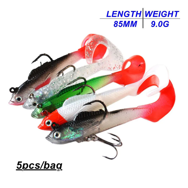 5Pcs/Lot 3D Eyes Lead Fishing Lures With T Tail Soft Fishing Lure Single Hook Baits artificial bait jig wobblers rubber 80mm/9g