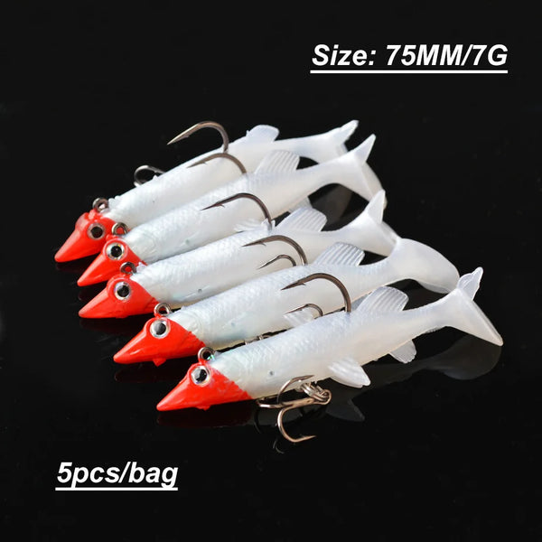 5Pcs/Lot 3D Eyes Lead Fishing Lures With T Tail Soft Fishing Lure Single Hook Baits artificial bait jig wobblers rubber 80mm/9g