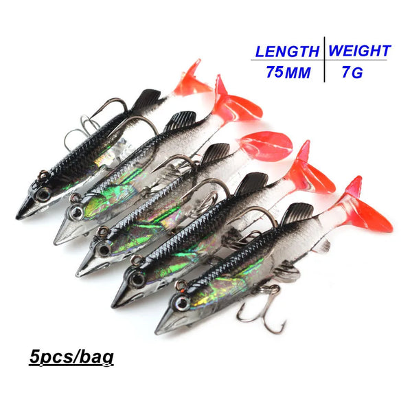 5Pcs/Lot 3D Eyes Lead Fishing Lures With T Tail Soft Fishing Lure Single Hook Baits artificial bait jig wobblers rubber 80mm/9g
