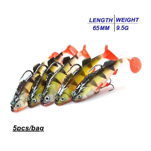 5Pcs/Lot 3D Eyes Lead Fishing Lures With T Tail Soft Fishing Lure Single Hook Baits artificial bait jig wobblers rubber 80mm/9g