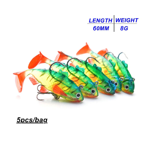 5Pcs/Lot 3D Eyes Lead Fishing Lures With T Tail Soft Fishing Lure Single Hook Baits artificial bait jig wobblers rubber 80mm/9g