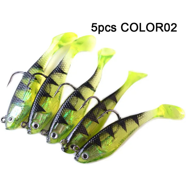 5Pcs/Lot 3D Eyes Lead Fishing Lures With T Tail Soft Fishing Lure Single Hook Baits artificial bait jig wobblers rubber 80mm/9g