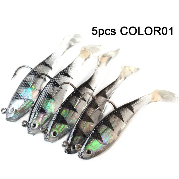 5Pcs/Lot 3D Eyes Lead Fishing Lures With T Tail Soft Fishing Lure Single Hook Baits artificial bait jig wobblers rubber 80mm/9g