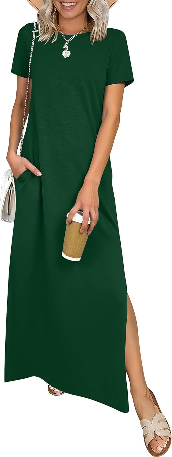 ANRABESS Womens Summer Casual Maxi Dress Short Sleeve Crewneck Split Wrinkle-Free Travel Long Sundress Beach Vacation Clothes