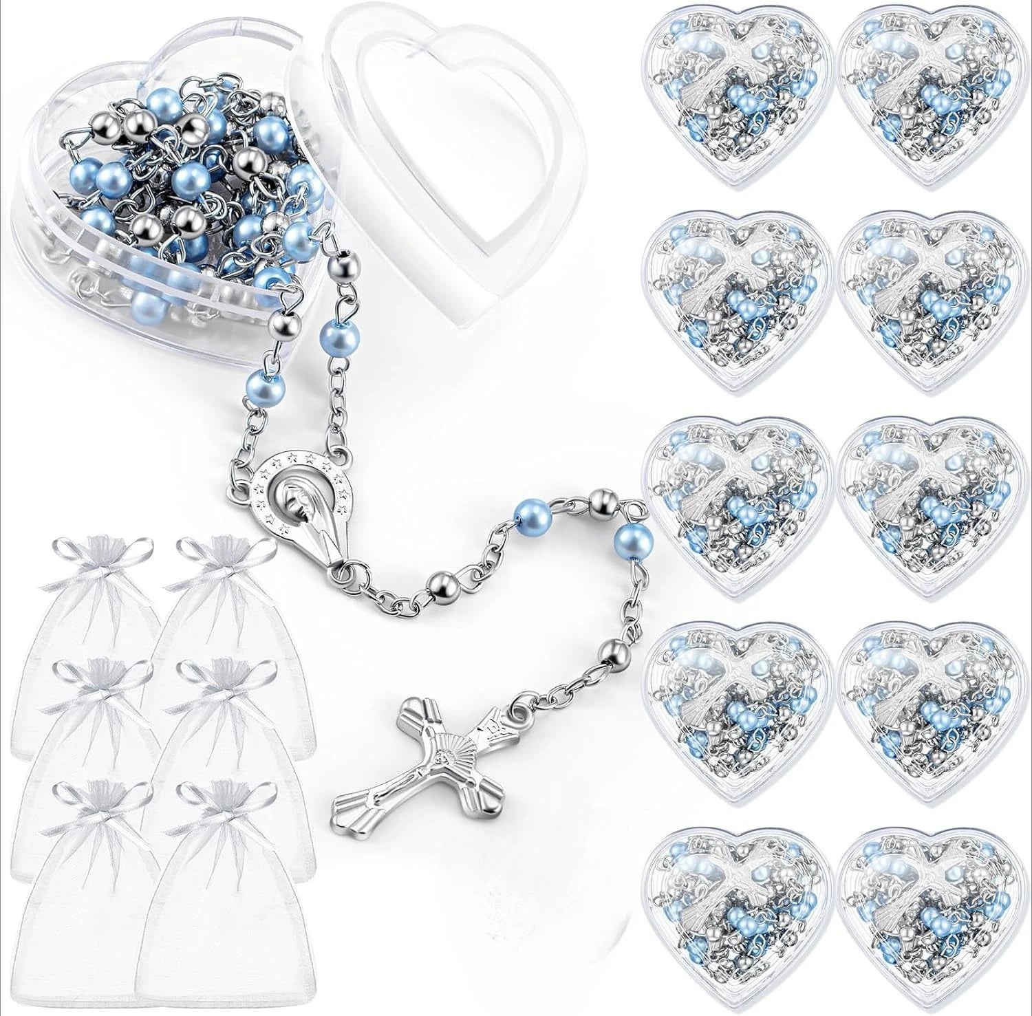 10pcs Catholic Rosary Necklace 4mm Glass Beads Favors Crucifix Prayer Faux Pearl with Heart Box for First Communion Baptism