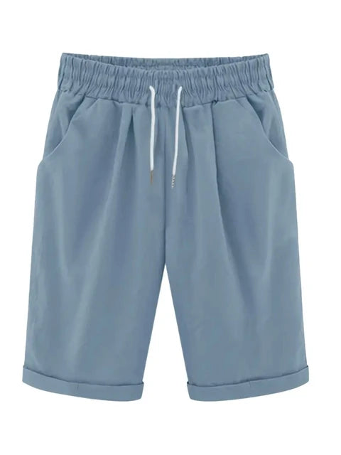 Plus Size High Rise Drawstring Shorts, Women's Plus SlightStretch Solid Casual Shorts With Pocket
