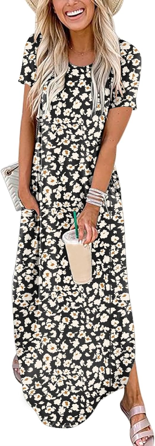 ANRABESS Womens Summer Maxi Dress Short Sleeve Casual Loose Long T Shirt Dresses Split Vacation Beach Sundress Travel Outfits
