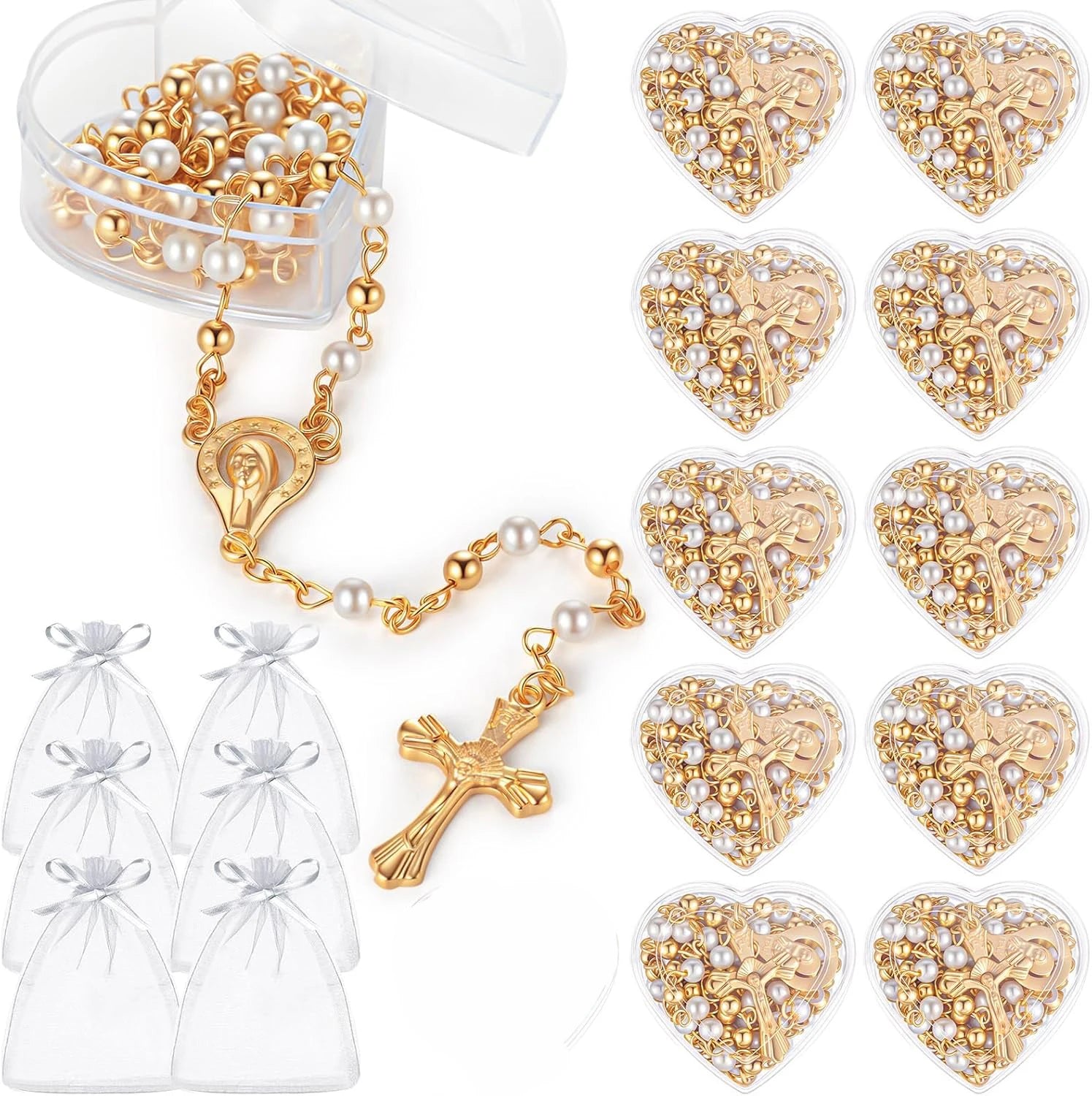 10pcs Catholic Rosary Necklace 4mm Glass Beads Favors Crucifix Prayer Faux Pearl with Heart Box for First Communion Baptism