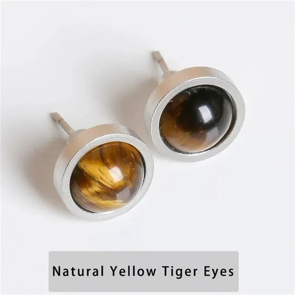 Fashion Handmade Lovely 10mm Natural Stone Stud Earrings Stainless Steel Earrings Tiger Eyes Agate Women Jewelry Gift OLstyle