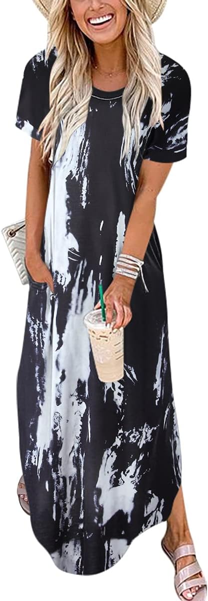 ANRABESS Womens Summer Maxi Dress Short Sleeve Casual Loose Long T Shirt Dresses Split Vacation Beach Sundress Travel Outfits