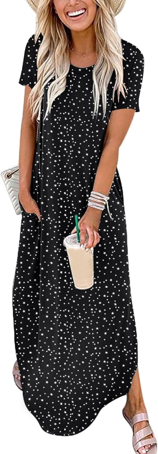 ANRABESS Womens Summer Maxi Dress Short Sleeve Casual Loose Long T Shirt Dresses Split Vacation Beach Sundress Travel Outfits