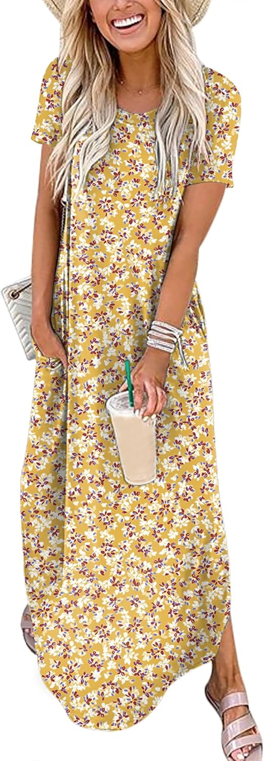 ANRABESS Womens Summer Maxi Dress Short Sleeve Casual Loose Long T Shirt Dresses Split Vacation Beach Sundress Travel Outfits