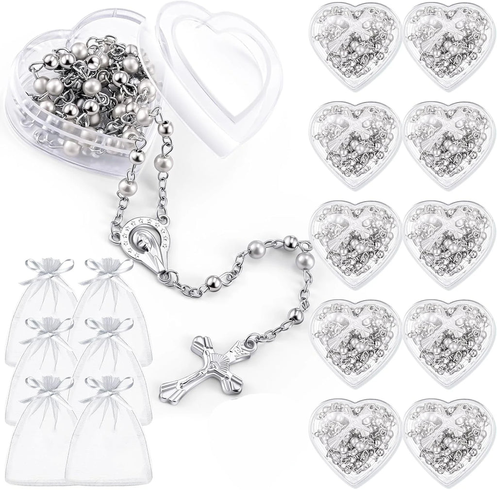 10pcs Catholic Rosary Necklace 4mm Glass Beads Favors Crucifix Prayer Faux Pearl with Heart Box for First Communion Baptism