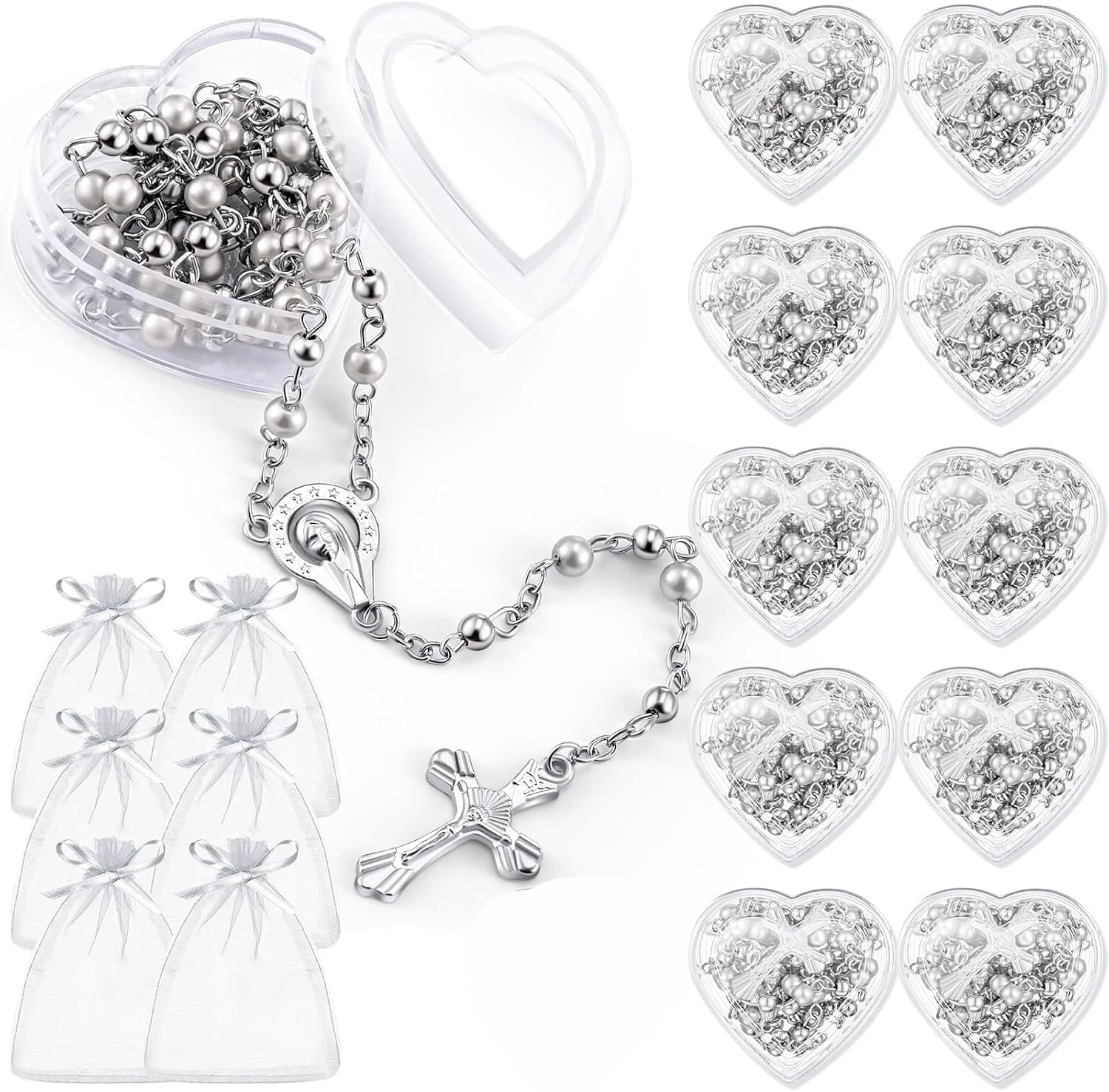 10pcs Catholic Rosary Necklace 4mm Glass Beads Favors Crucifix Prayer Faux Pearl with Heart Box for First Communion Baptism