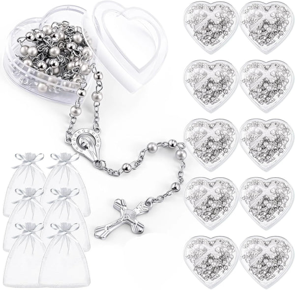 10pcs Catholic Rosary Necklace 4mm Glass Beads Favors Crucifix Prayer Faux Pearl with Heart Box for First Communion Baptism