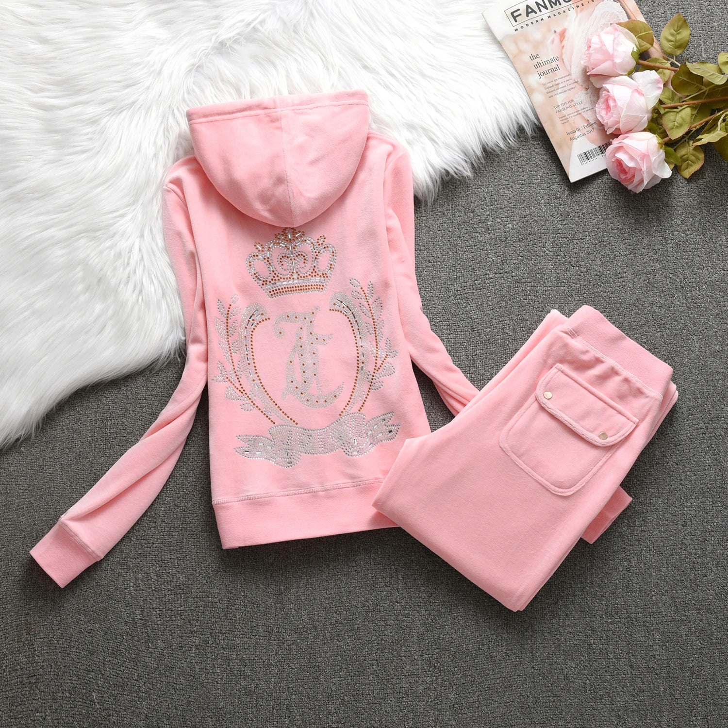Velvet Tracksuit Women Casual Women Velvet Tracksuit Original Suit Women Outdoor sports hooded sweatshir Suit Diamond Juicy 2pc