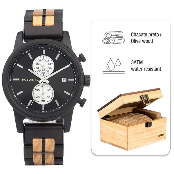 BOBO BIRD New Wooden Men Watch 44mm Luxury Business Quartz Chronograph Watches with Date Display Custom Man Gift montre homme