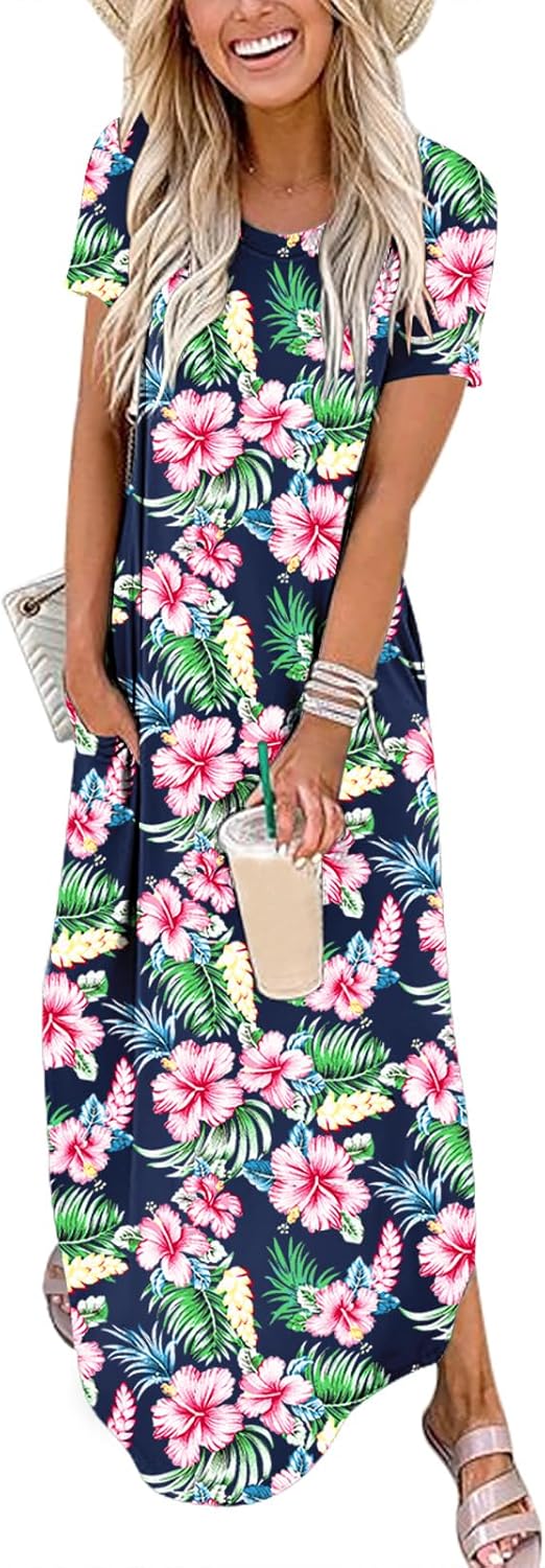 ANRABESS Womens Summer Maxi Dress Short Sleeve Casual Loose Long T Shirt Dresses Split Vacation Beach Sundress Travel Outfits