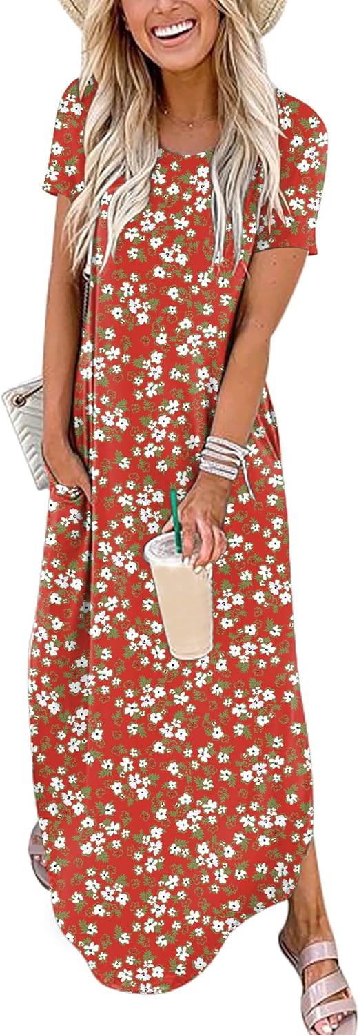 ANRABESS Womens Summer Maxi Dress Short Sleeve Casual Loose Long T Shirt Dresses Split Vacation Beach Sundress Travel Outfits