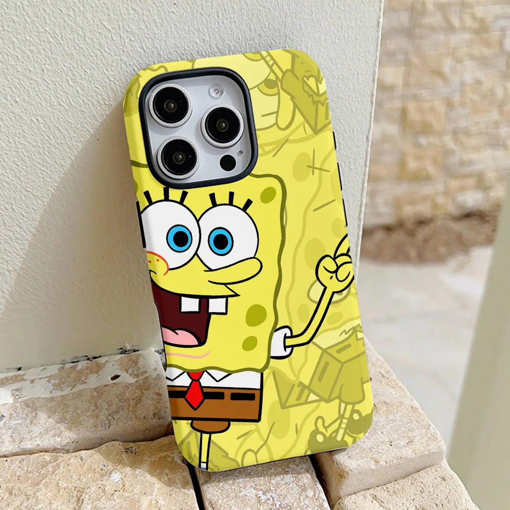Funny Cute S-SpongeBobs Phone Case for iPhone 16 15 14 13 12 11 Pro Max Plus Luxury Magnetic Double-layer Back Cover