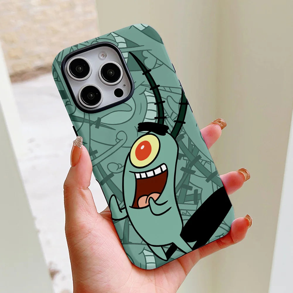 Funny Cute S-SpongeBobs Phone Case for iPhone 16 15 14 13 12 11 Pro Max Plus Luxury Magnetic Double-layer Back Cover