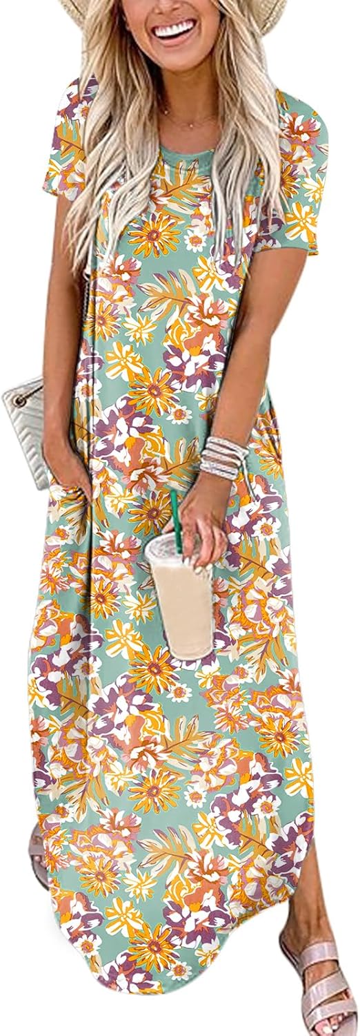 ANRABESS Womens Summer Maxi Dress Short Sleeve Casual Loose Long T Shirt Dresses Split Vacation Beach Sundress Travel Outfits