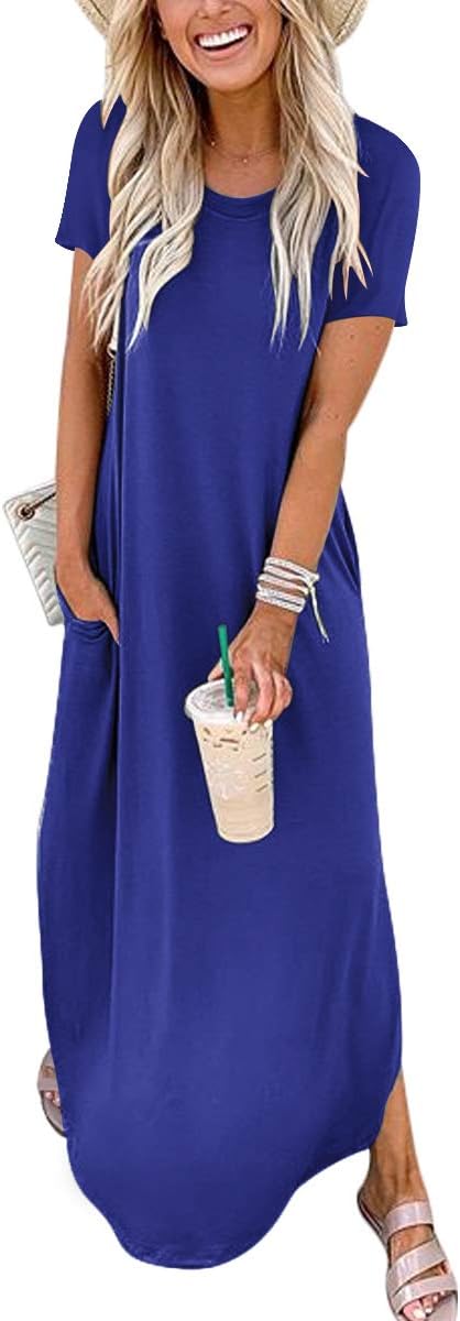 ANRABESS Womens Summer Maxi Dress Short Sleeve Casual Loose Long T Shirt Dresses Split Vacation Beach Sundress Travel Outfits