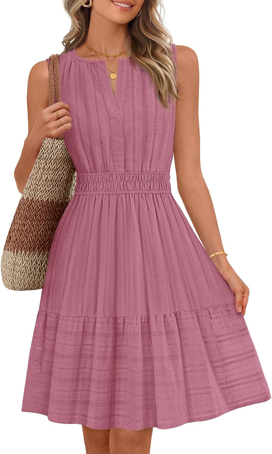 MEROKEETY Women's 2026 Summer Casual Mini Sundress Beach Vacation Sleeveless V Neck Flowy A Line Dress with Pockets