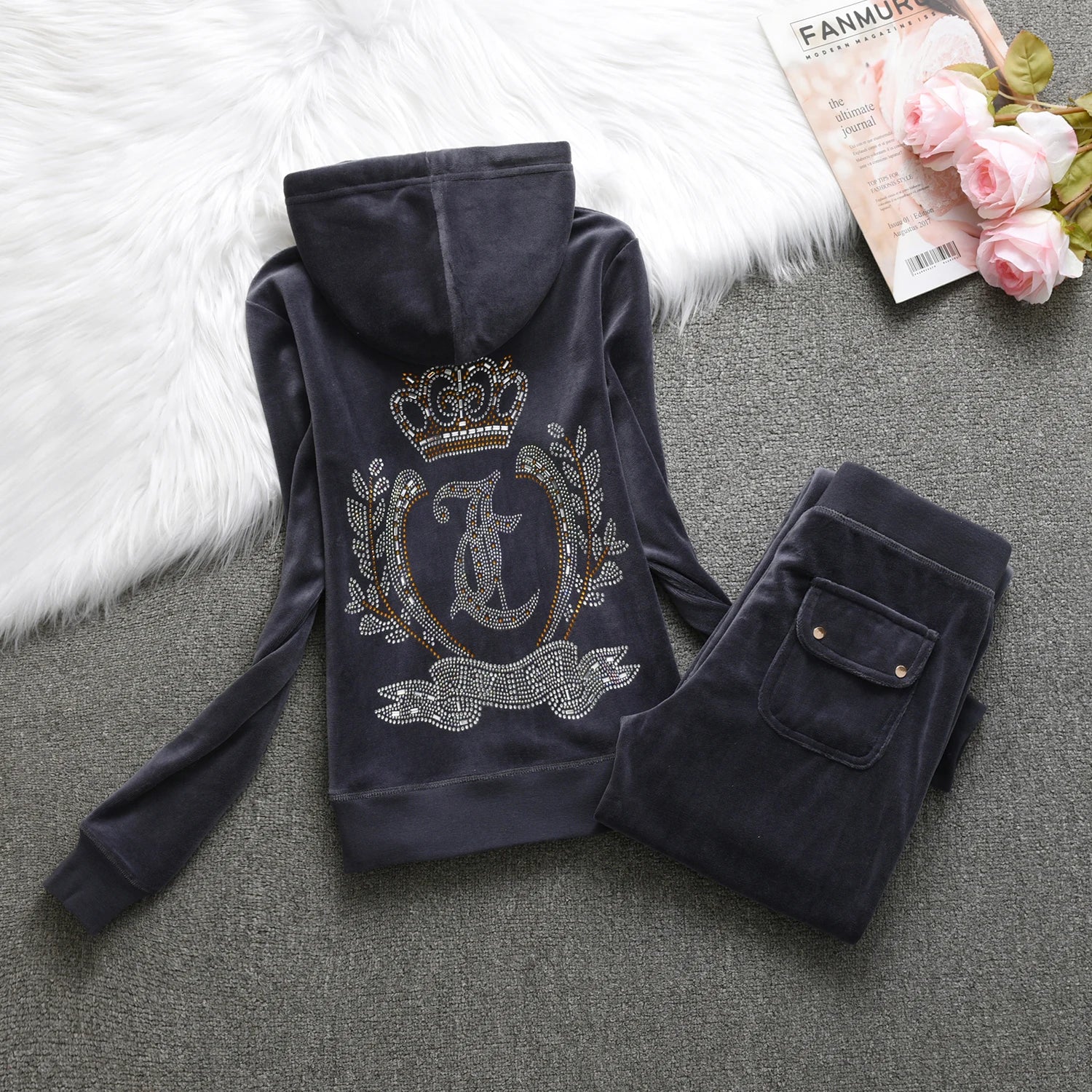 Velvet Tracksuit Women Casual Women Velvet Tracksuit Original Suit Women Outdoor sports hooded sweatshir Suit Diamond Juicy 2pc