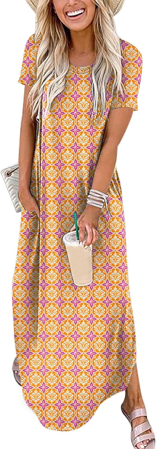ANRABESS Womens Summer Maxi Dress Short Sleeve Casual Loose Long T Shirt Dresses Split Vacation Beach Sundress Travel Outfits