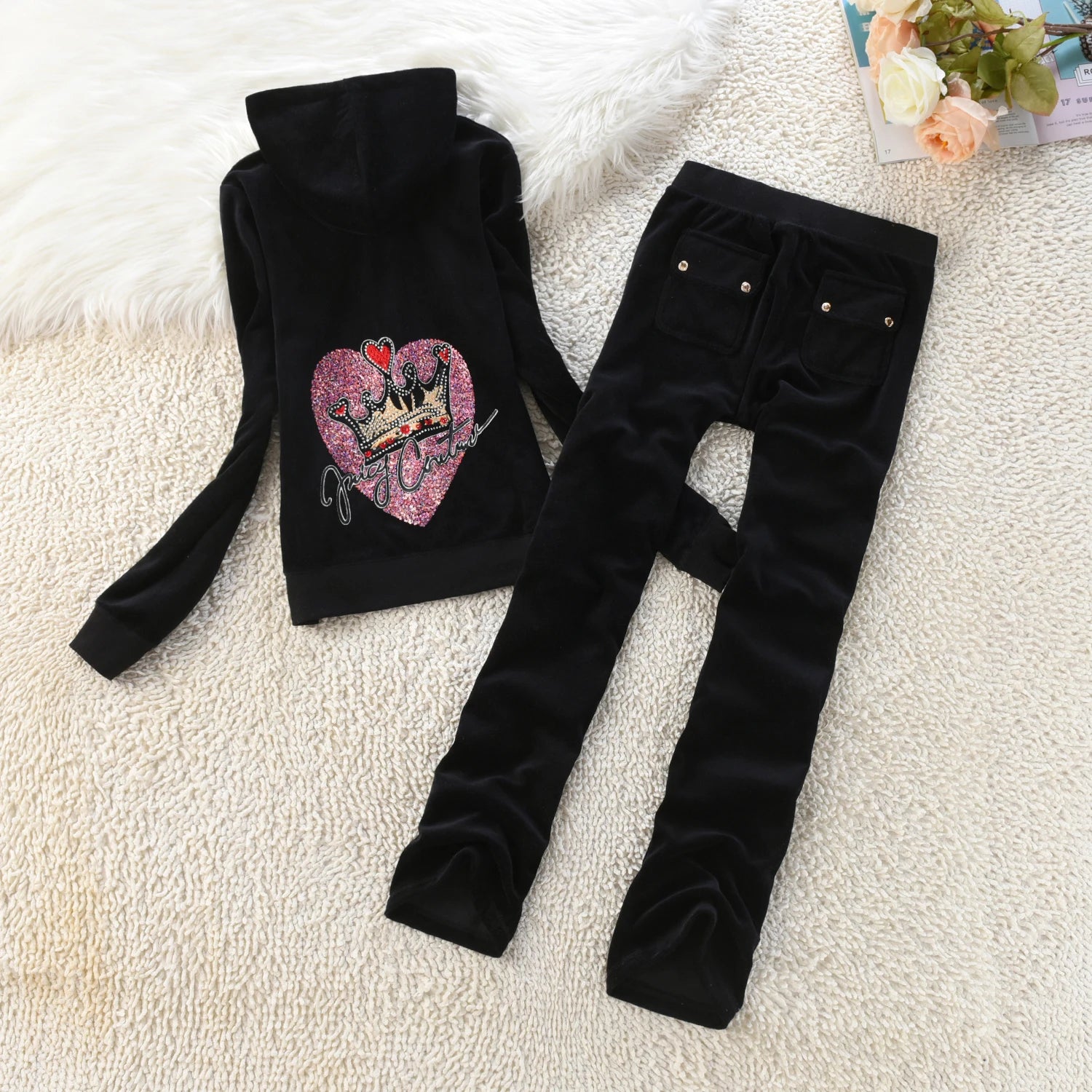 Velvet Tracksuit Women Casual Women Velvet Tracksuit Original Suit Women Outdoor sports hooded sweatshir Suit Diamond Juicy 2pc