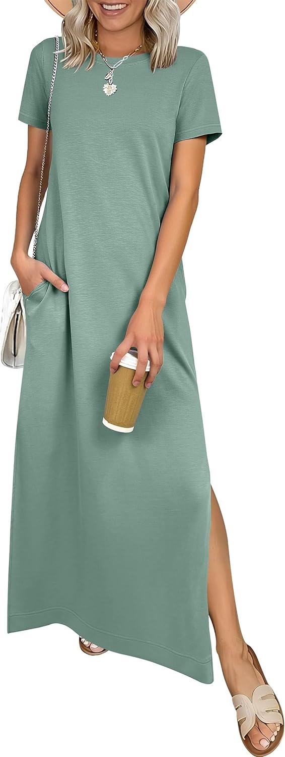 ANRABESS Womens Summer Casual Maxi Dress Short Sleeve Crewneck Split Wrinkle-Free Travel Long Sundress Beach Vacation Clothes