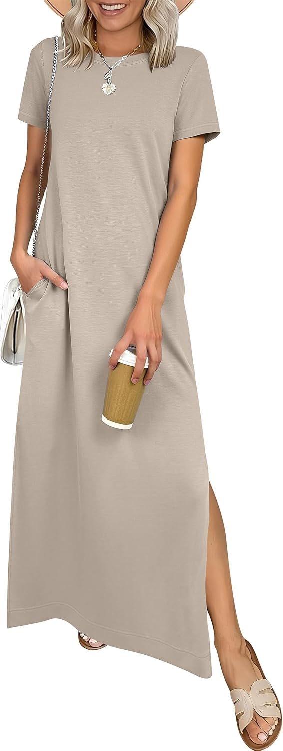 ANRABESS Womens Summer Casual Maxi Dress Short Sleeve Crewneck Split Wrinkle-Free Travel Long Sundress Beach Vacation Clothes