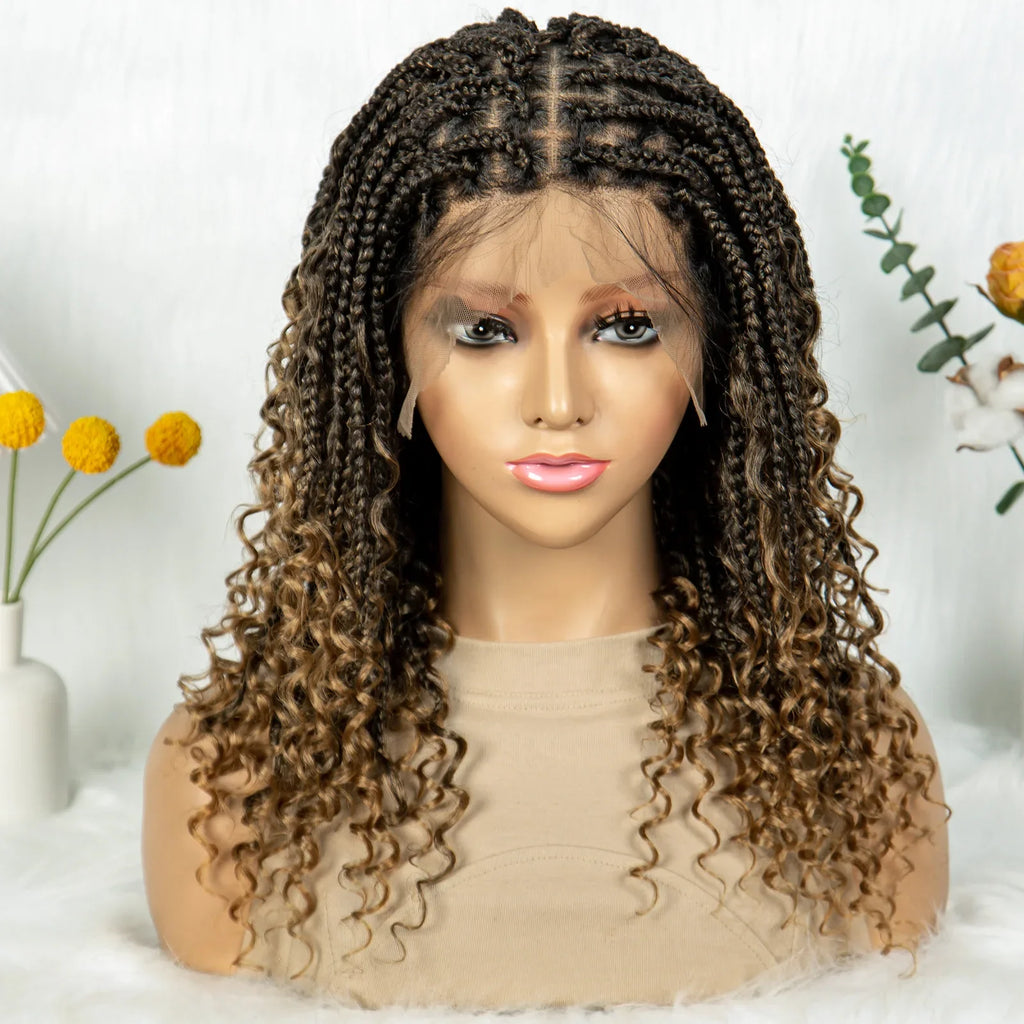 Kima Short Bohemian Box Braids Braided Wig Full Lace Boho Braided Wigs Synthetic Curly Hair with Baby Hair for Black Women, Color - 1B27