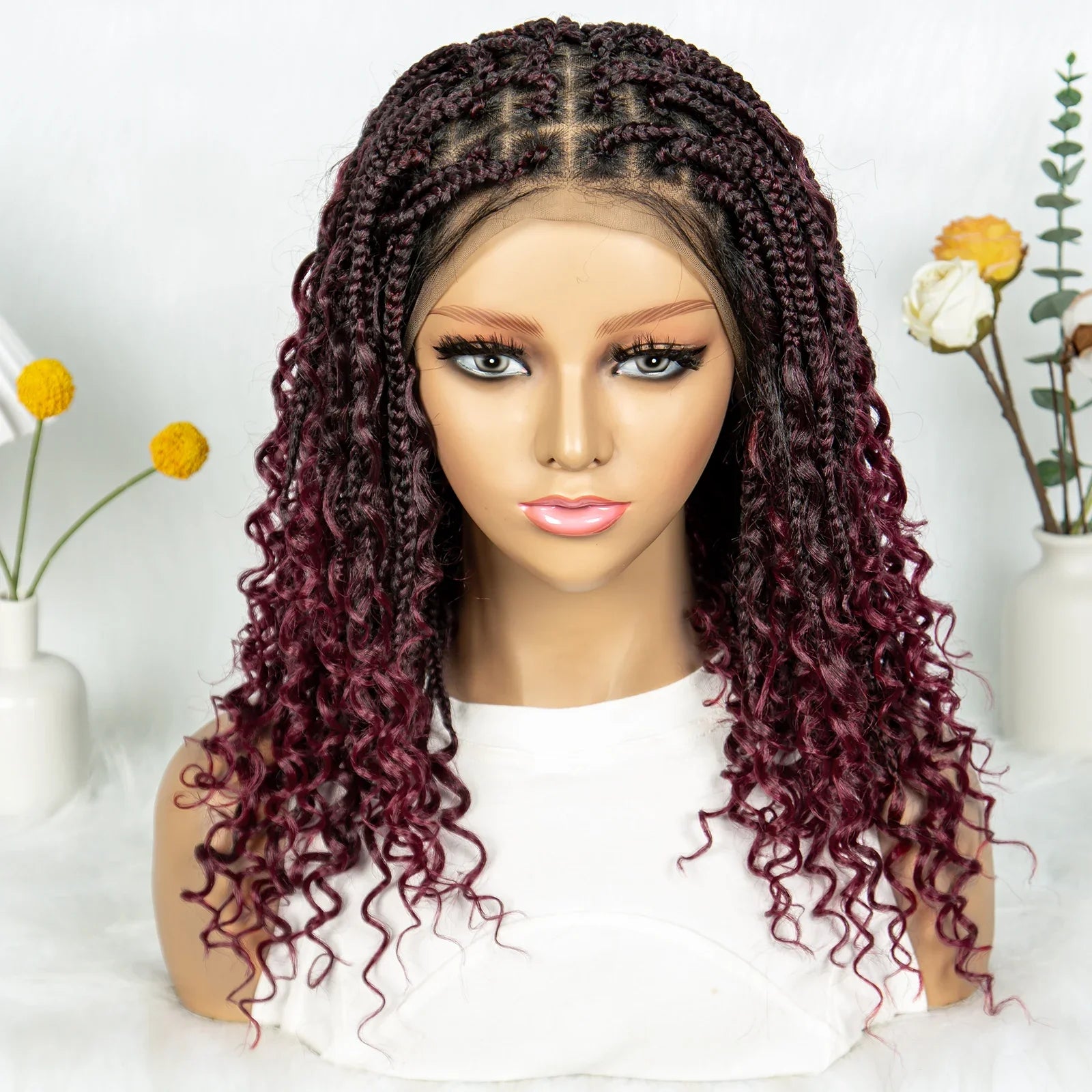 Kima Short Bohemian Box Braids Braided Wig Full Lace Boho Braided Wigs Synthetic Curly Hair with Baby Hair for Black Women, Color - 1BBUG