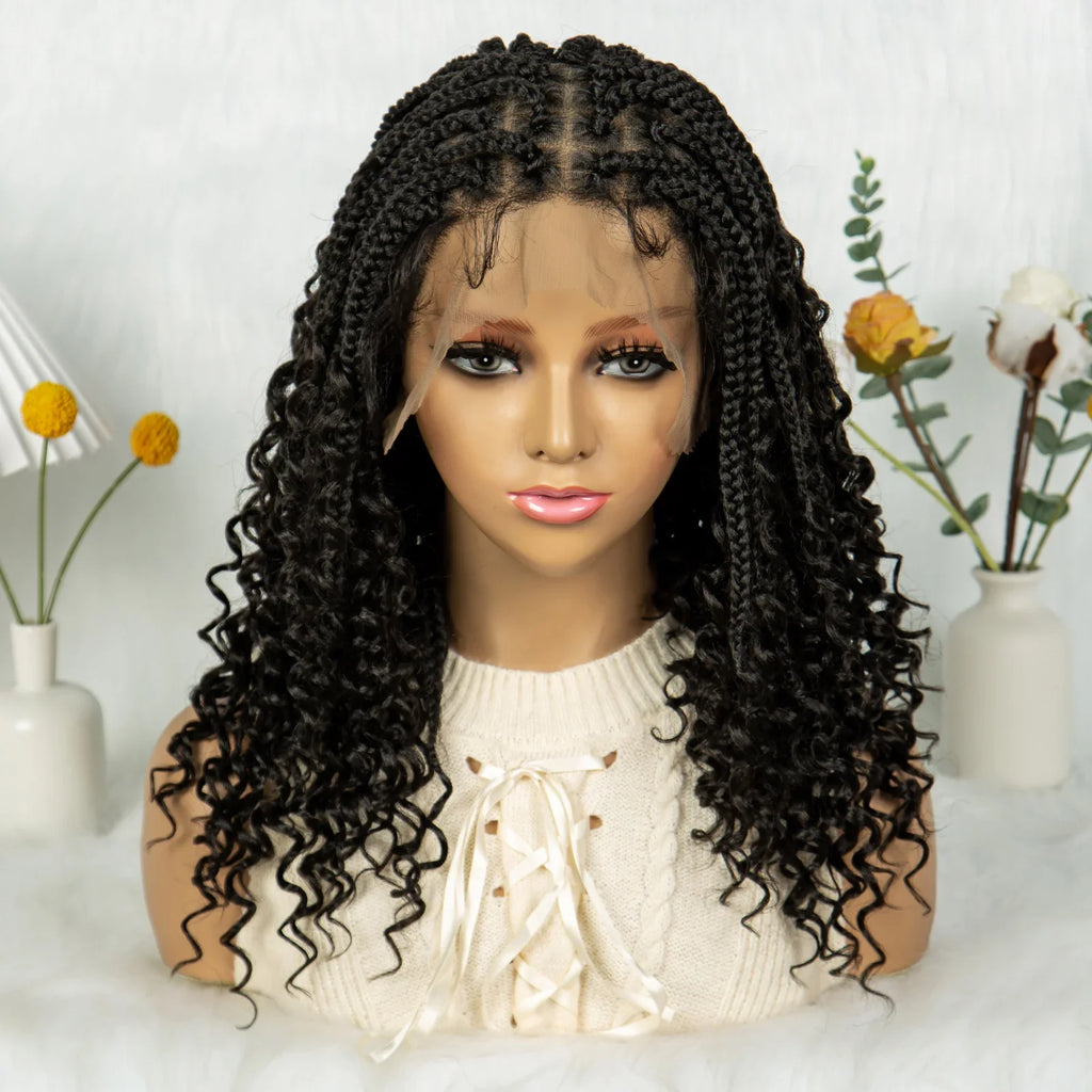 Kima Short Bohemian Box Braids Braided Wig Full Lace Boho Braided Wigs Synthetic Curly Hair with Baby Hair for Black Women, Color - 1B