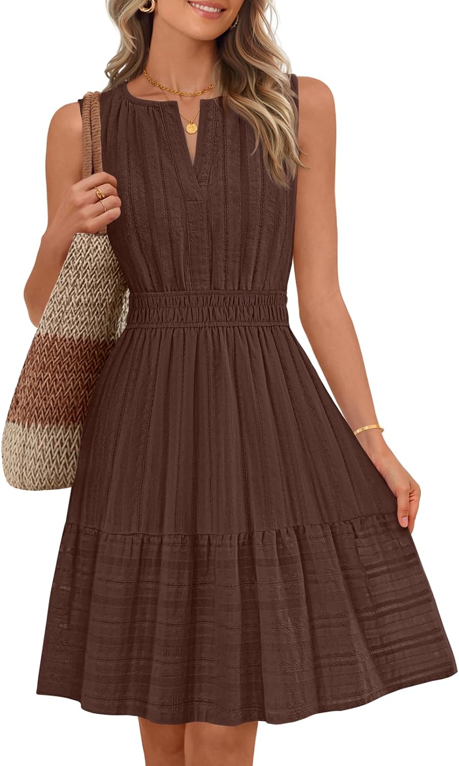 MEROKEETY Women's 2026 Summer Casual Mini Sundress Beach Vacation Sleeveless V Neck Flowy A Line Dress with Pockets